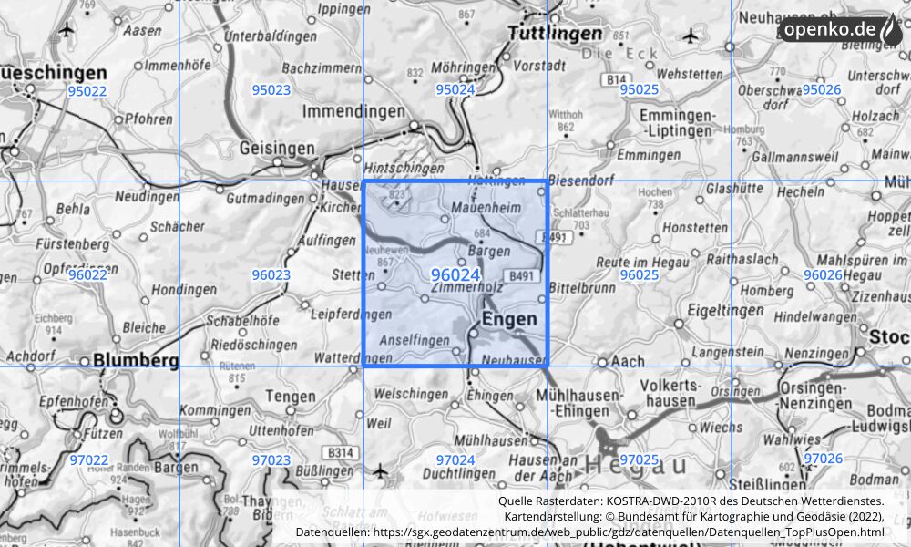 Übersichtskarte KOSTRA-DWD-2010R Rasterfeld Nr. 96024 mit angrenzenden Feldern