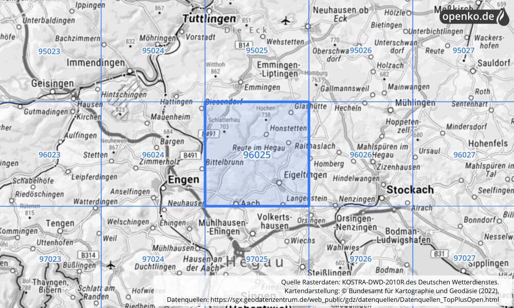 Übersichtskarte KOSTRA-DWD-2010R Rasterfeld Nr. 96025 mit angrenzenden Feldern