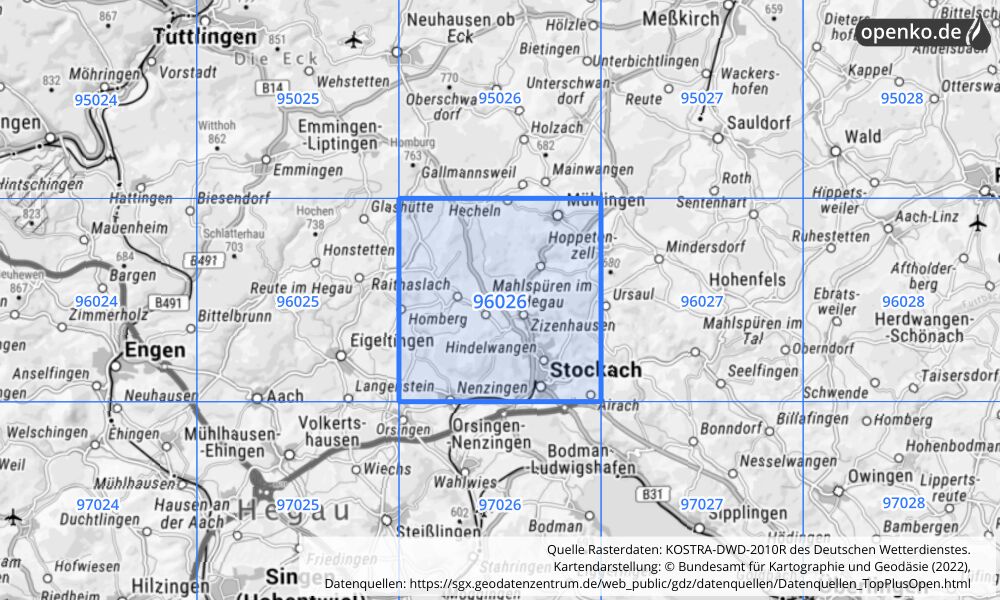 Übersichtskarte KOSTRA-DWD-2010R Rasterfeld Nr. 96026 mit angrenzenden Feldern