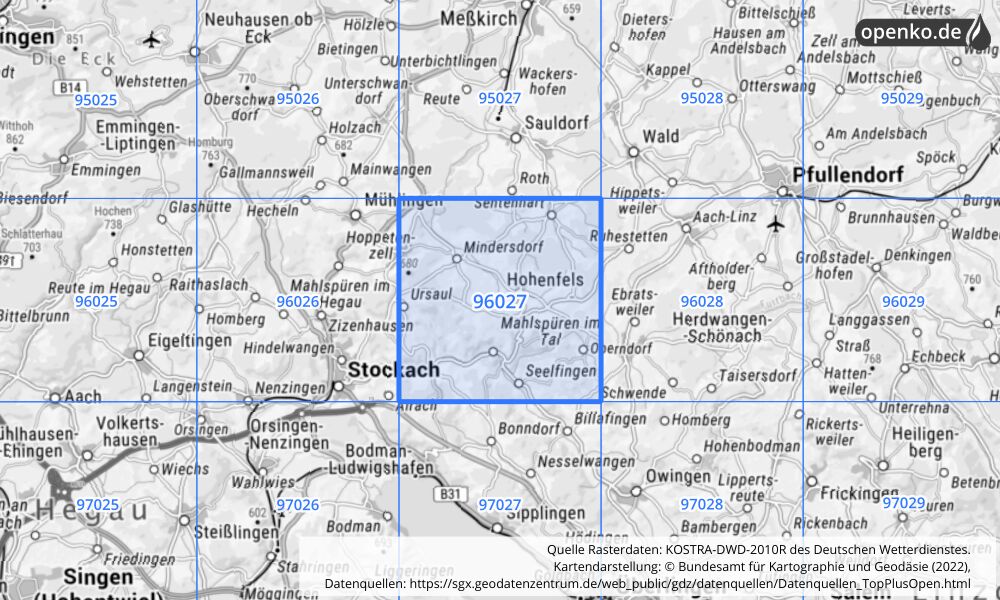 Übersichtskarte KOSTRA-DWD-2010R Rasterfeld Nr. 96027 mit angrenzenden Feldern