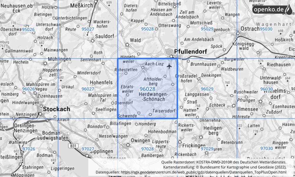 Übersichtskarte KOSTRA-DWD-2010R Rasterfeld Nr. 96028 mit angrenzenden Feldern