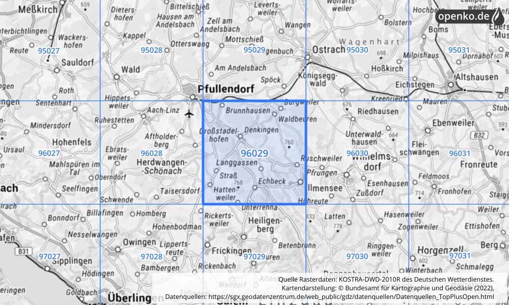 Übersichtskarte KOSTRA-DWD-2010R Rasterfeld Nr. 96029 mit angrenzenden Feldern