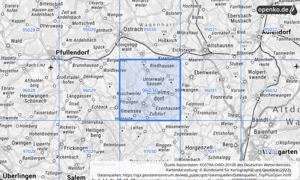 Übersichtskarte KOSTRA-DWD-2010R Rasterfeld Nr. 96030 mit angrenzenden Feldern