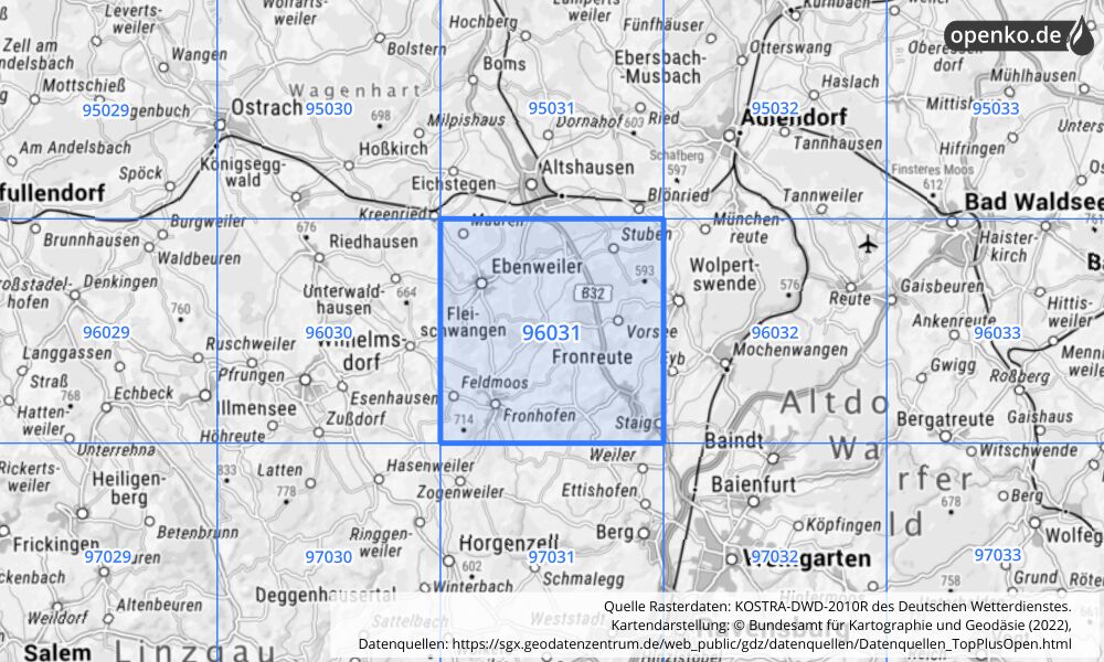 Übersichtskarte KOSTRA-DWD-2010R Rasterfeld Nr. 96031 mit angrenzenden Feldern