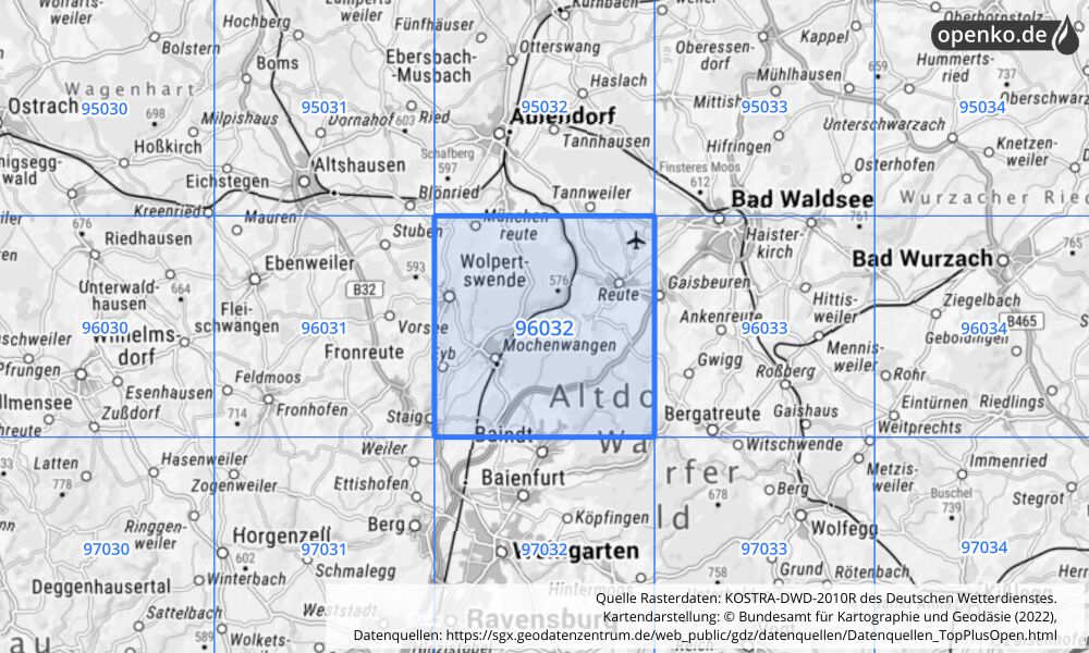 Übersichtskarte KOSTRA-DWD-2010R Rasterfeld Nr. 96032 mit angrenzenden Feldern