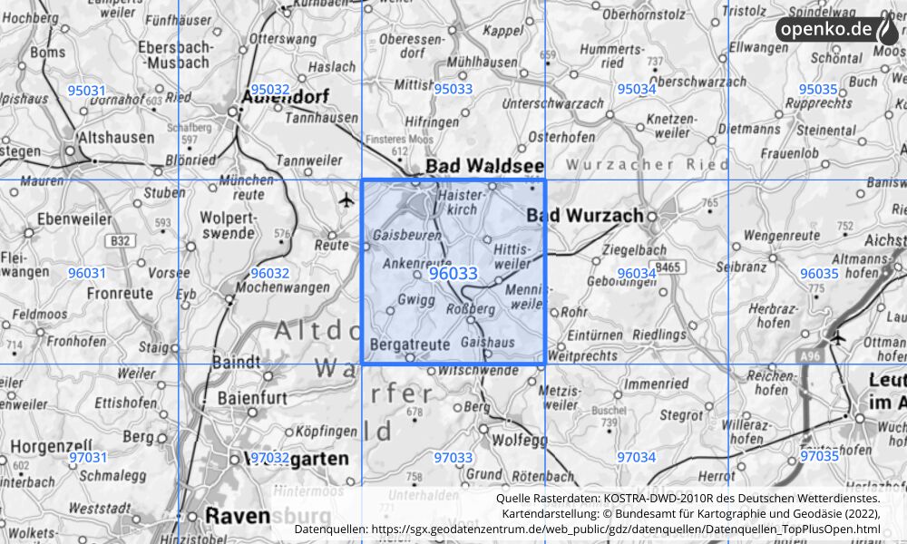 Übersichtskarte KOSTRA-DWD-2010R Rasterfeld Nr. 96033 mit angrenzenden Feldern