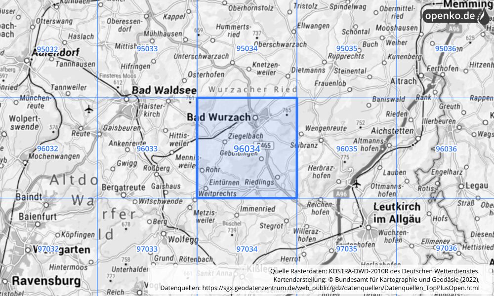 Übersichtskarte KOSTRA-DWD-2010R Rasterfeld Nr. 96034 mit angrenzenden Feldern