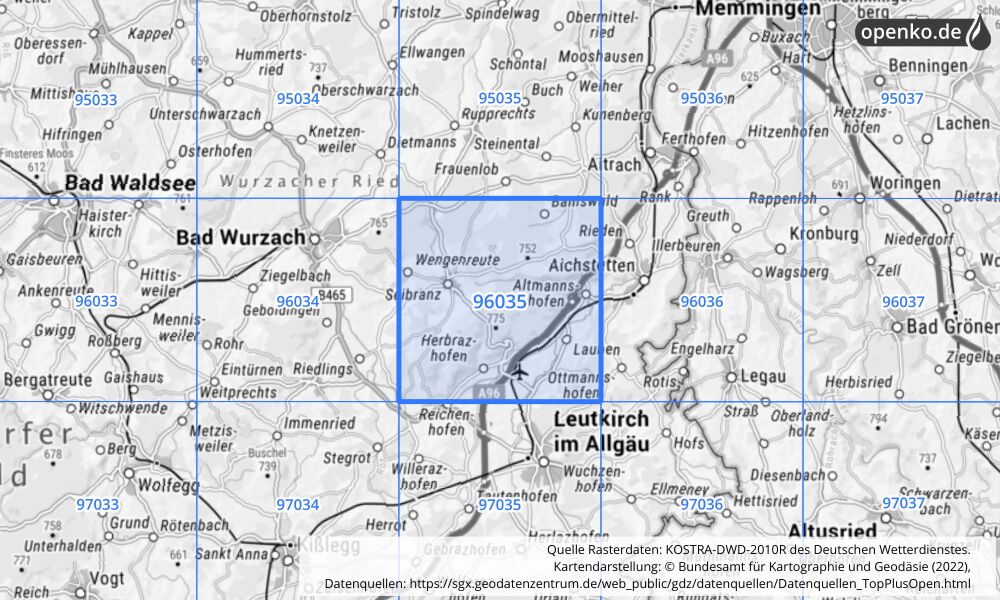 Übersichtskarte KOSTRA-DWD-2010R Rasterfeld Nr. 96035 mit angrenzenden Feldern