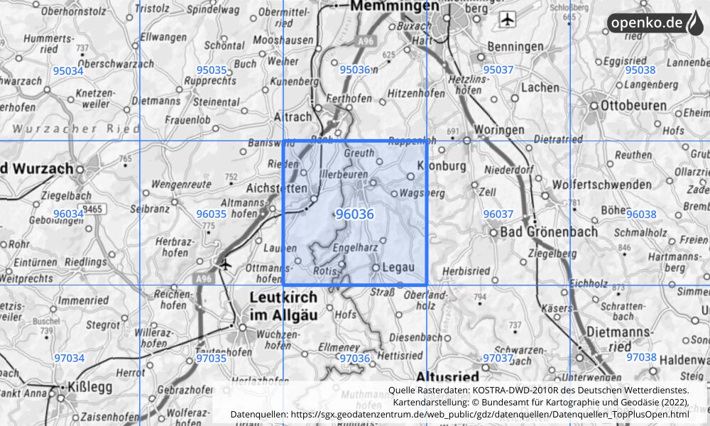 Übersichtskarte KOSTRA-DWD-2010R Rasterfeld Nr. 96036 mit angrenzenden Feldern