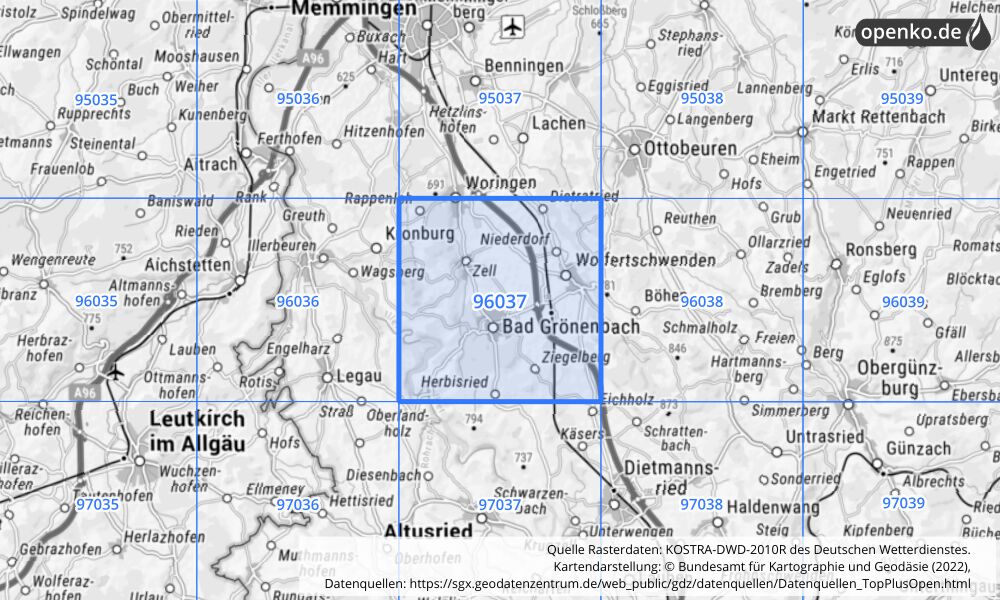 Übersichtskarte KOSTRA-DWD-2010R Rasterfeld Nr. 96037 mit angrenzenden Feldern