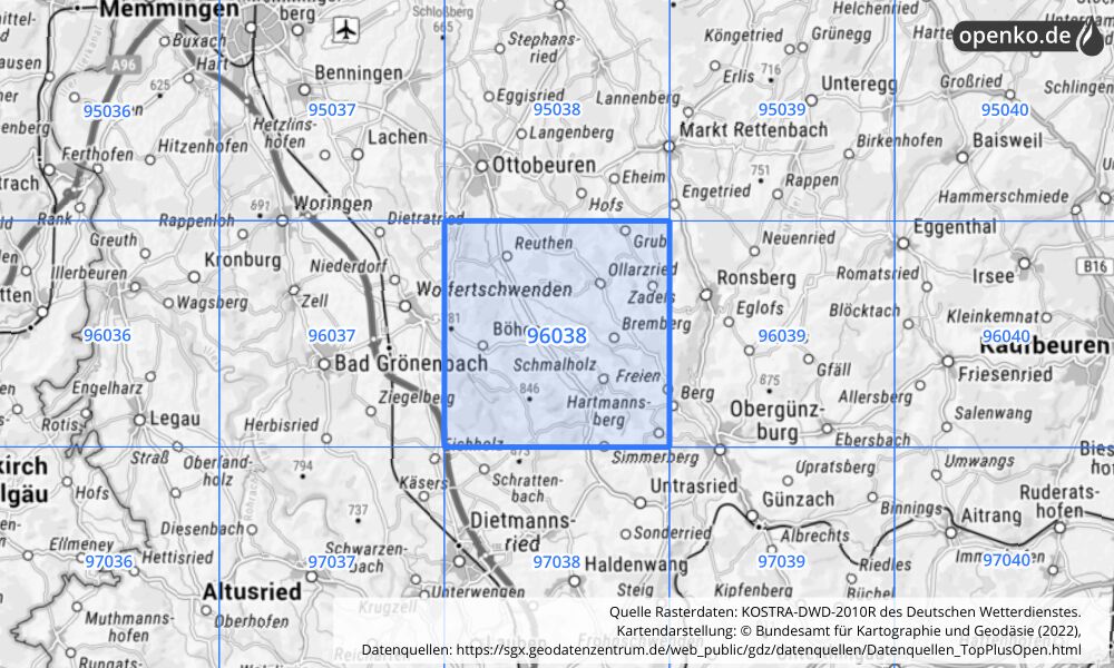 Übersichtskarte KOSTRA-DWD-2010R Rasterfeld Nr. 96038 mit angrenzenden Feldern
