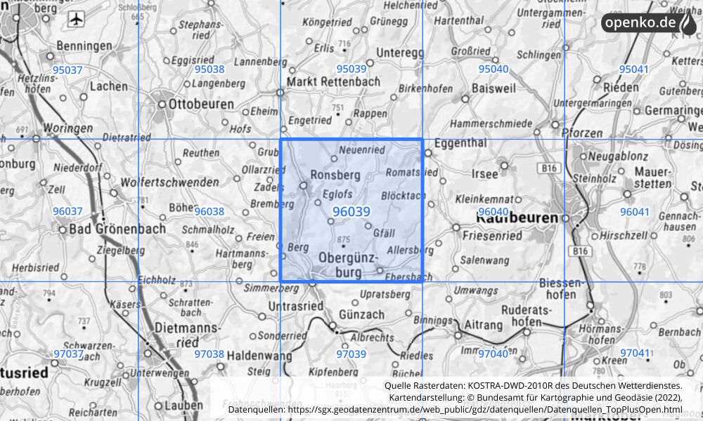 Übersichtskarte KOSTRA-DWD-2010R Rasterfeld Nr. 96039 mit angrenzenden Feldern