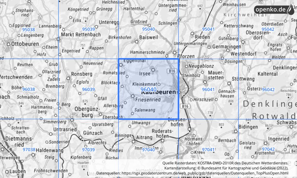 Übersichtskarte KOSTRA-DWD-2010R Rasterfeld Nr. 96040 mit angrenzenden Feldern