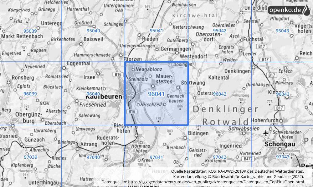 Übersichtskarte KOSTRA-DWD-2010R Rasterfeld Nr. 96041 mit angrenzenden Feldern