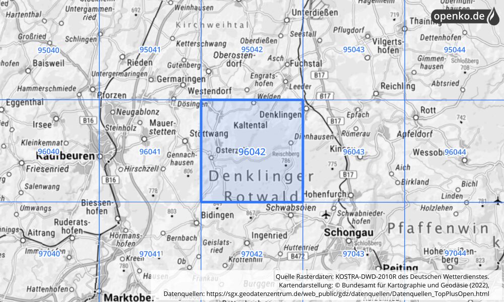 Übersichtskarte KOSTRA-DWD-2010R Rasterfeld Nr. 96042 mit angrenzenden Feldern