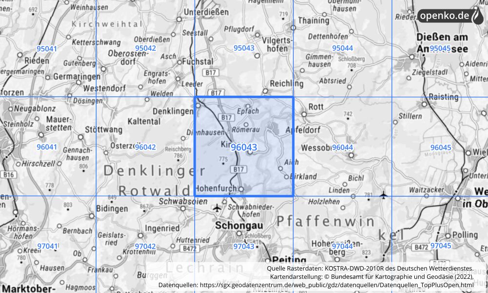 Übersichtskarte KOSTRA-DWD-2010R Rasterfeld Nr. 96043 mit angrenzenden Feldern