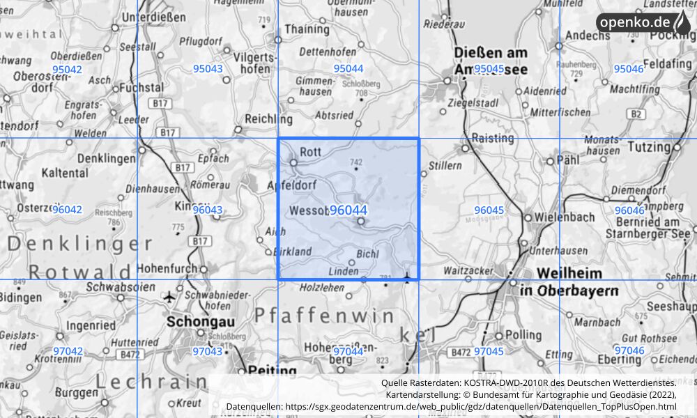 Übersichtskarte KOSTRA-DWD-2010R Rasterfeld Nr. 96044 mit angrenzenden Feldern