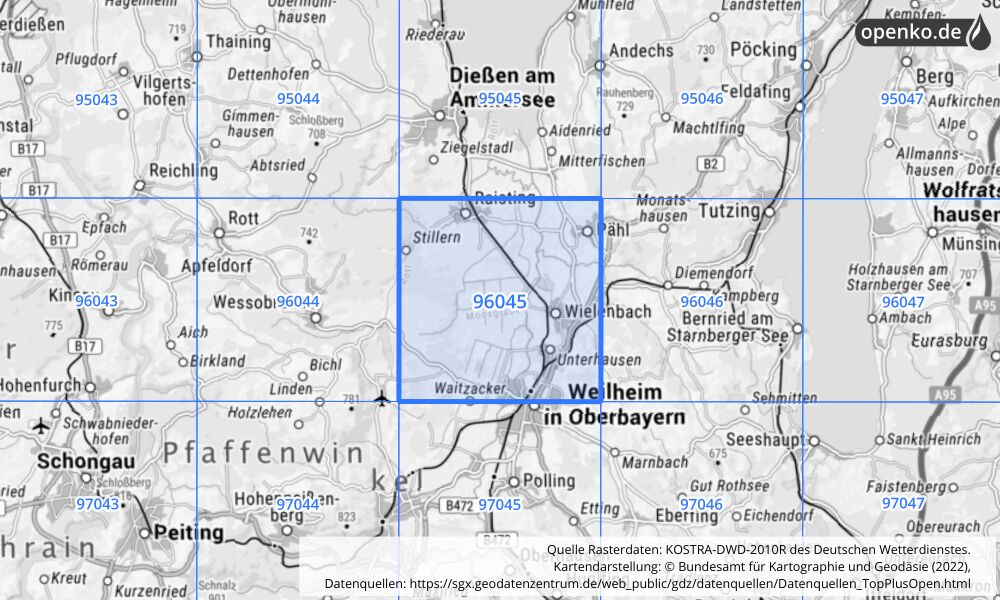 Übersichtskarte KOSTRA-DWD-2010R Rasterfeld Nr. 96045 mit angrenzenden Feldern