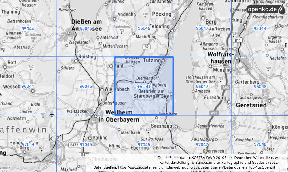Übersichtskarte KOSTRA-DWD-2010R Rasterfeld Nr. 96046 mit angrenzenden Feldern