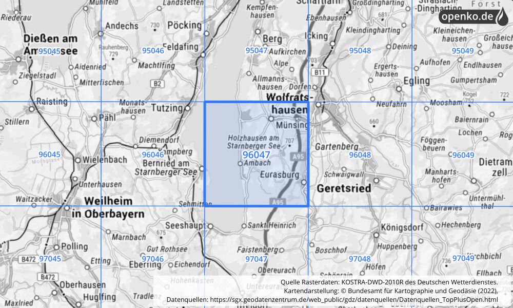 Übersichtskarte KOSTRA-DWD-2010R Rasterfeld Nr. 96047 mit angrenzenden Feldern