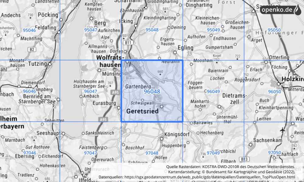 Übersichtskarte KOSTRA-DWD-2010R Rasterfeld Nr. 96048 mit angrenzenden Feldern