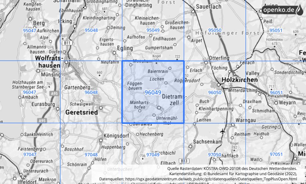 Übersichtskarte KOSTRA-DWD-2010R Rasterfeld Nr. 96049 mit angrenzenden Feldern