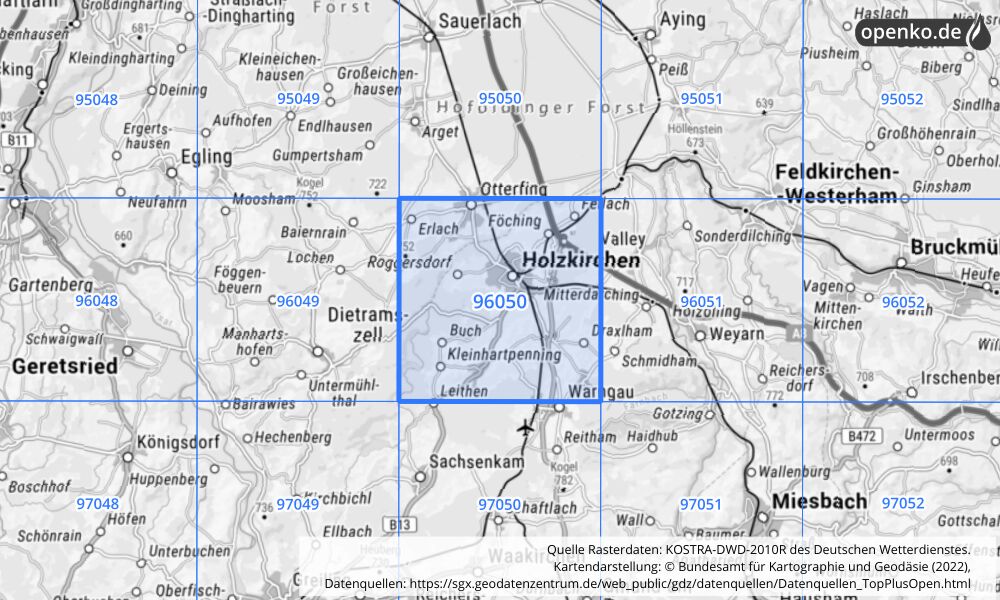 Übersichtskarte KOSTRA-DWD-2010R Rasterfeld Nr. 96050 mit angrenzenden Feldern