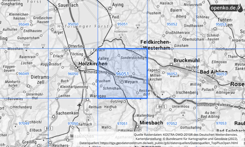 Übersichtskarte KOSTRA-DWD-2010R Rasterfeld Nr. 96051 mit angrenzenden Feldern