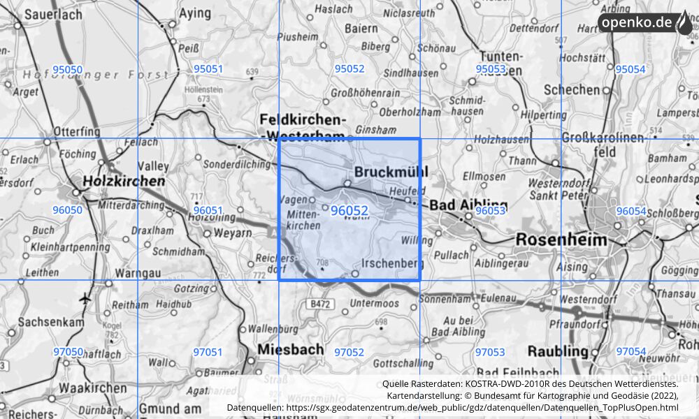 Übersichtskarte KOSTRA-DWD-2010R Rasterfeld Nr. 96052 mit angrenzenden Feldern