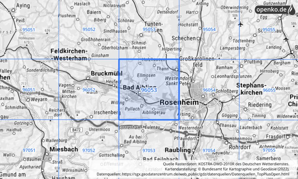 Übersichtskarte KOSTRA-DWD-2010R Rasterfeld Nr. 96053 mit angrenzenden Feldern