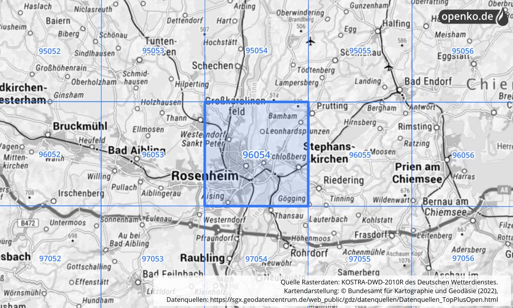 Übersichtskarte KOSTRA-DWD-2010R Rasterfeld Nr. 96054 mit angrenzenden Feldern