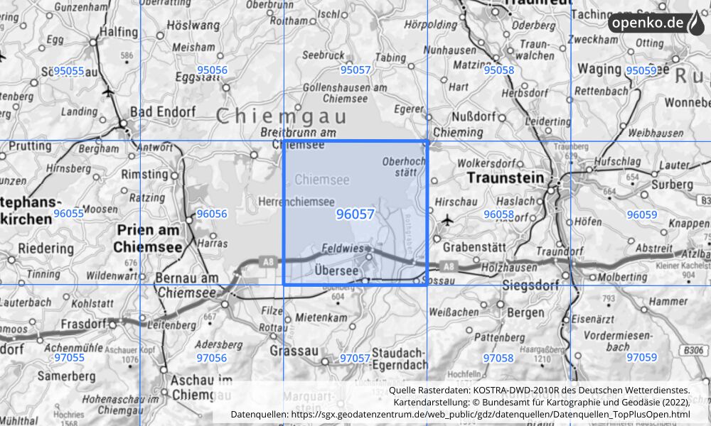 Übersichtskarte KOSTRA-DWD-2010R Rasterfeld Nr. 96057 mit angrenzenden Feldern