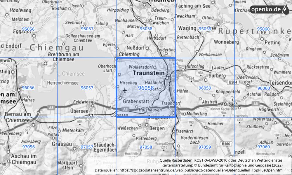 Übersichtskarte KOSTRA-DWD-2010R Rasterfeld Nr. 96058 mit angrenzenden Feldern