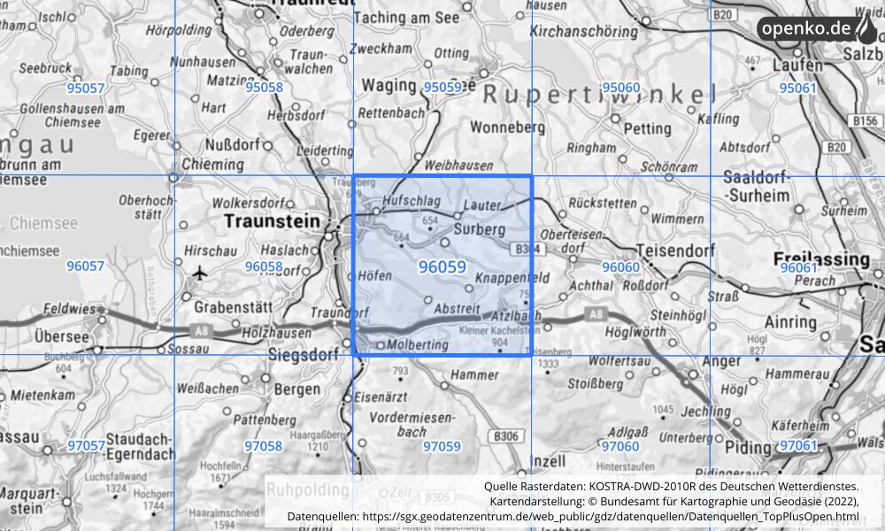 Übersichtskarte KOSTRA-DWD-2010R Rasterfeld Nr. 96059 mit angrenzenden Feldern