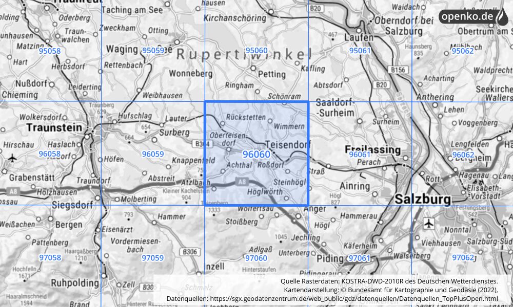 Übersichtskarte KOSTRA-DWD-2010R Rasterfeld Nr. 96060 mit angrenzenden Feldern