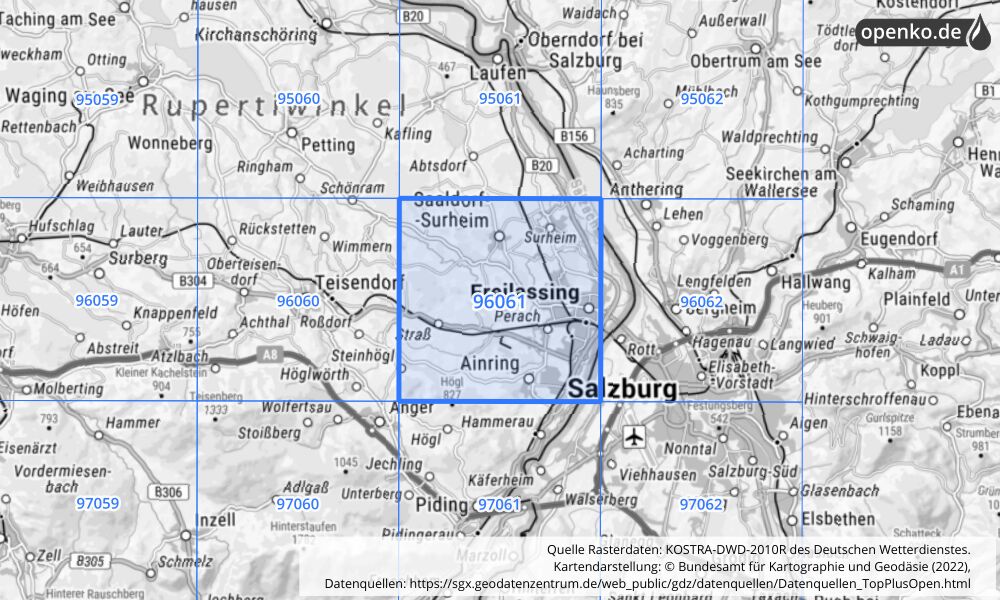 Übersichtskarte KOSTRA-DWD-2010R Rasterfeld Nr. 96061 mit angrenzenden Feldern