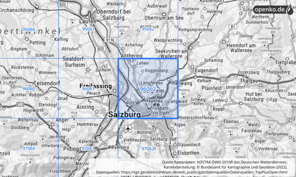 Übersichtskarte KOSTRA-DWD-2010R Rasterfeld Nr. 96062 mit angrenzenden Feldern