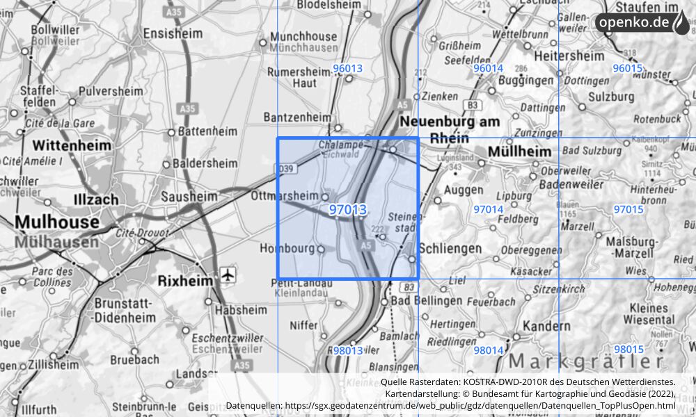 Übersichtskarte KOSTRA-DWD-2010R Rasterfeld Nr. 97013 mit angrenzenden Feldern