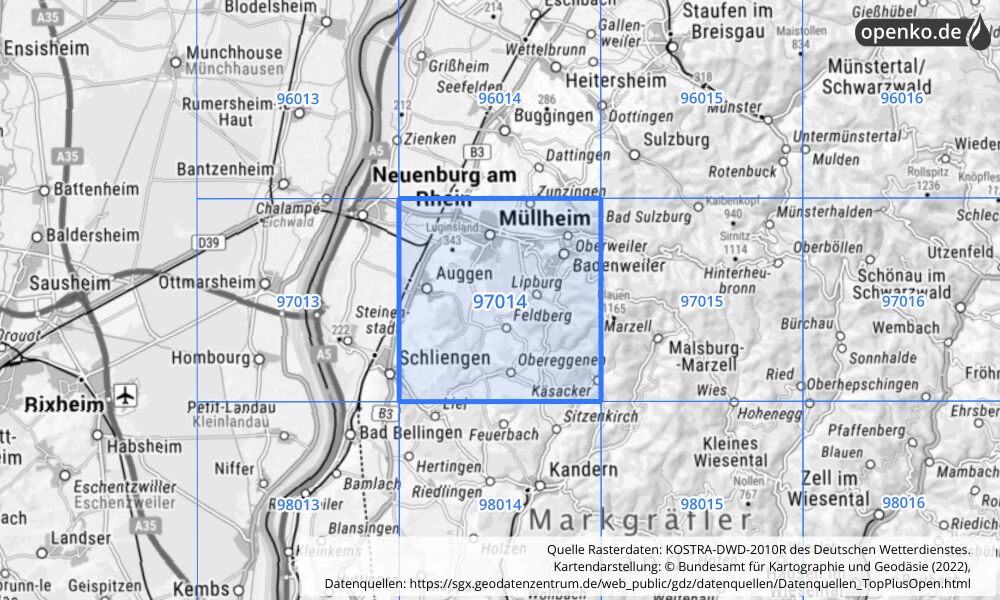 Übersichtskarte KOSTRA-DWD-2010R Rasterfeld Nr. 97014 mit angrenzenden Feldern