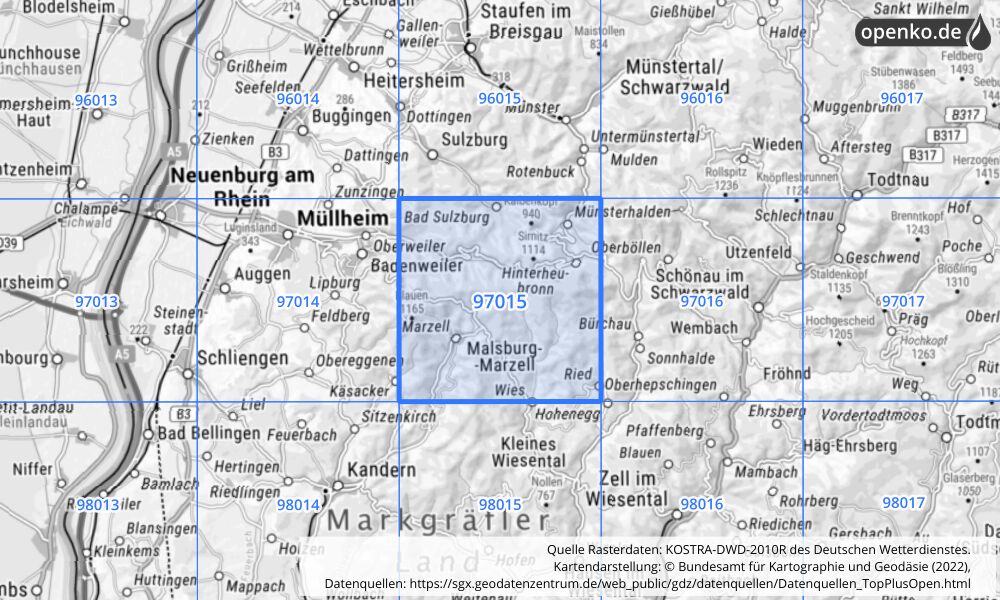 Übersichtskarte KOSTRA-DWD-2010R Rasterfeld Nr. 97015 mit angrenzenden Feldern