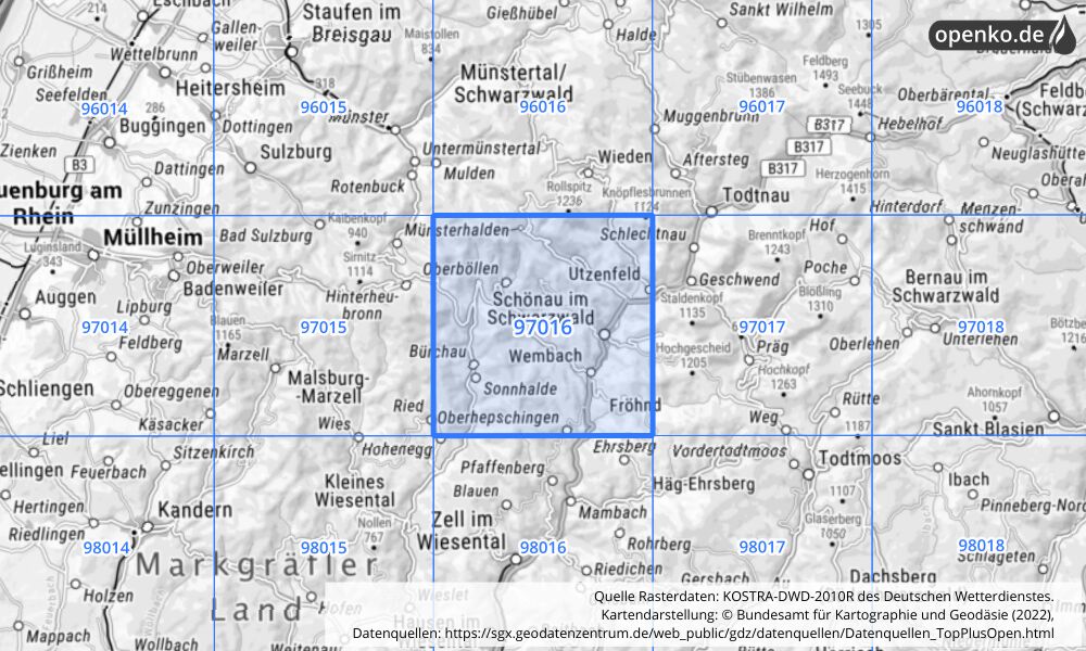 Übersichtskarte KOSTRA-DWD-2010R Rasterfeld Nr. 97016 mit angrenzenden Feldern