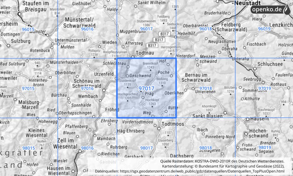 Übersichtskarte KOSTRA-DWD-2010R Rasterfeld Nr. 97017 mit angrenzenden Feldern