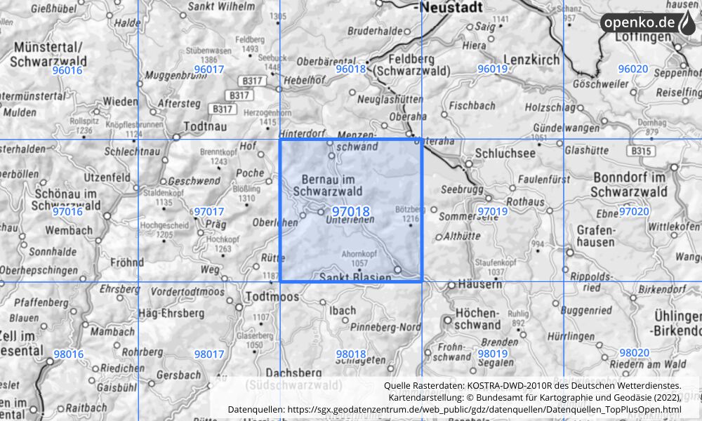 Übersichtskarte KOSTRA-DWD-2010R Rasterfeld Nr. 97018 mit angrenzenden Feldern