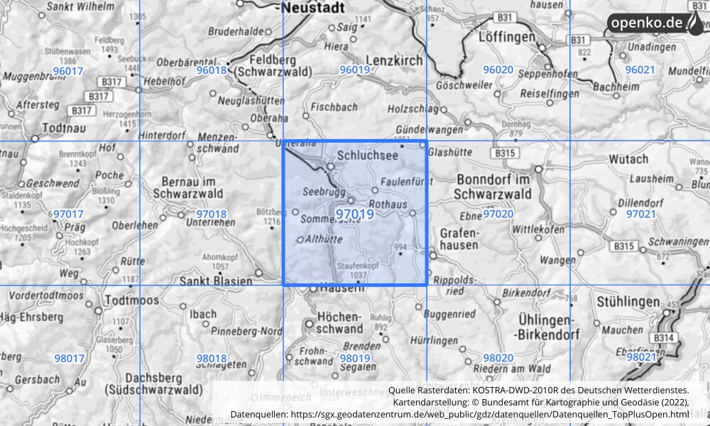 Übersichtskarte KOSTRA-DWD-2010R Rasterfeld Nr. 97019 mit angrenzenden Feldern