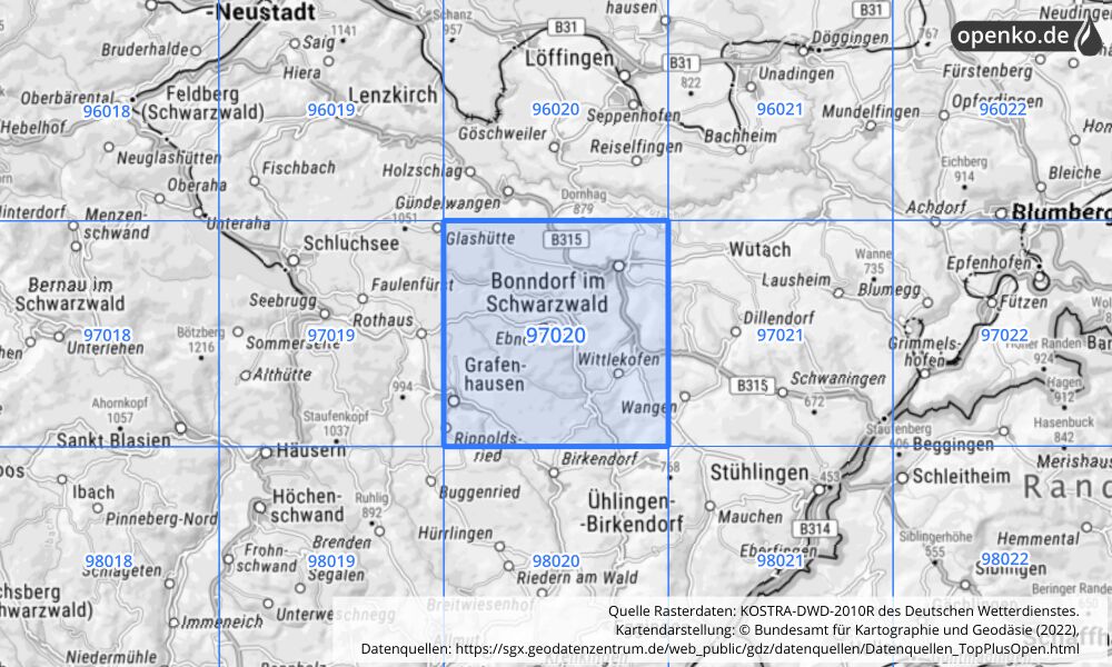 Übersichtskarte KOSTRA-DWD-2010R Rasterfeld Nr. 97020 mit angrenzenden Feldern