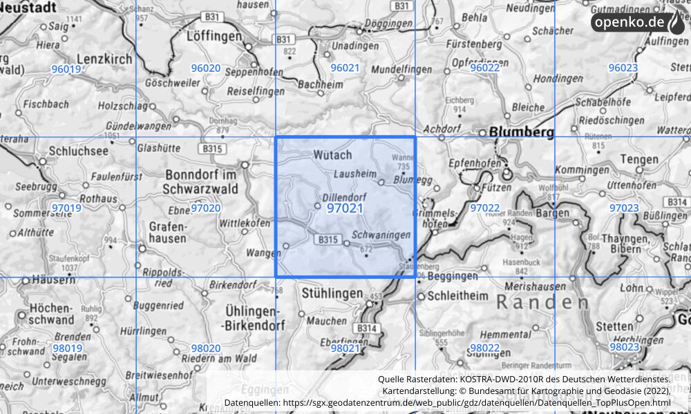 Übersichtskarte KOSTRA-DWD-2010R Rasterfeld Nr. 97021 mit angrenzenden Feldern