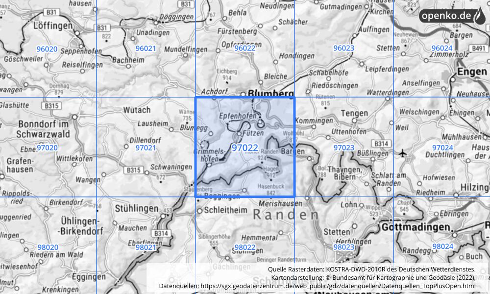 Übersichtskarte KOSTRA-DWD-2010R Rasterfeld Nr. 97022 mit angrenzenden Feldern