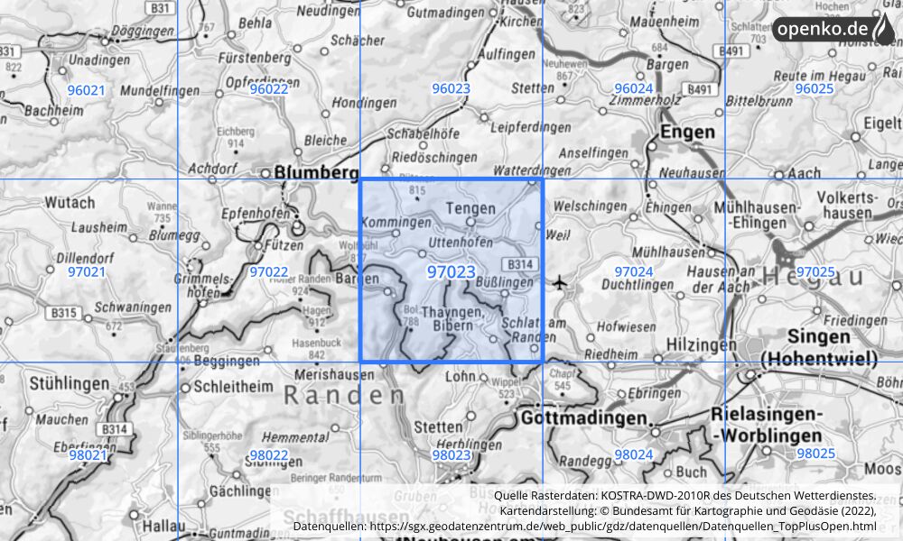 Übersichtskarte KOSTRA-DWD-2010R Rasterfeld Nr. 97023 mit angrenzenden Feldern