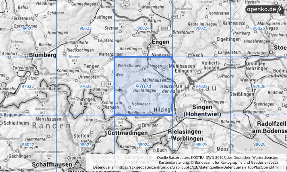 Übersichtskarte KOSTRA-DWD-2010R Rasterfeld Nr. 97024 mit angrenzenden Feldern