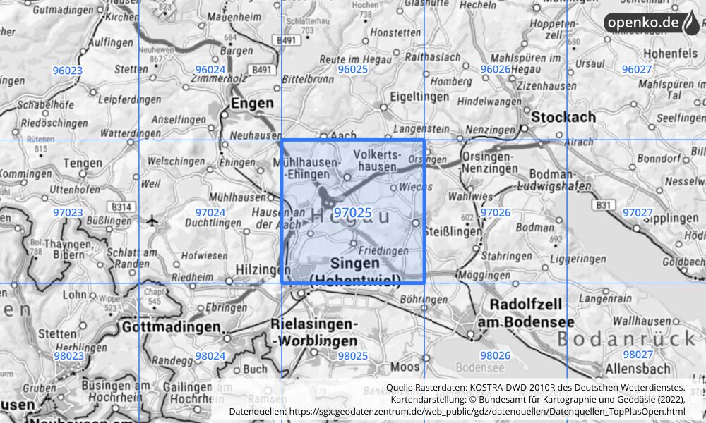 Übersichtskarte KOSTRA-DWD-2010R Rasterfeld Nr. 97025 mit angrenzenden Feldern